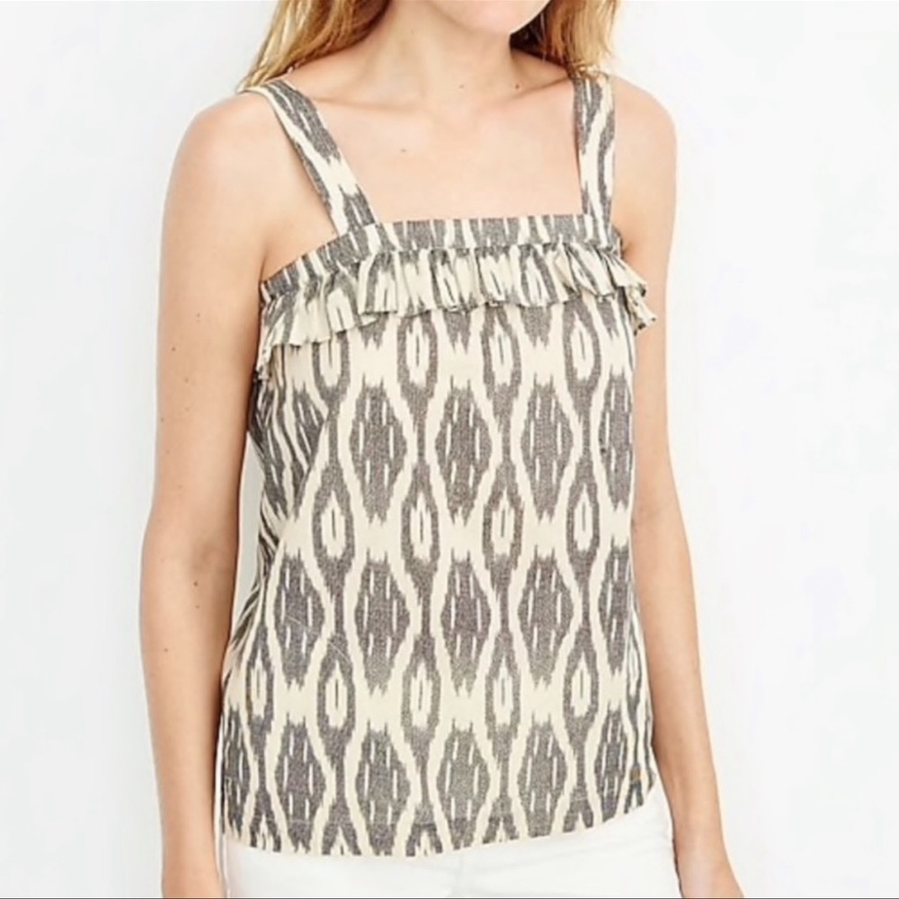 J.Crew Omar print ruffle trim tank top ivory navy button strap size 00